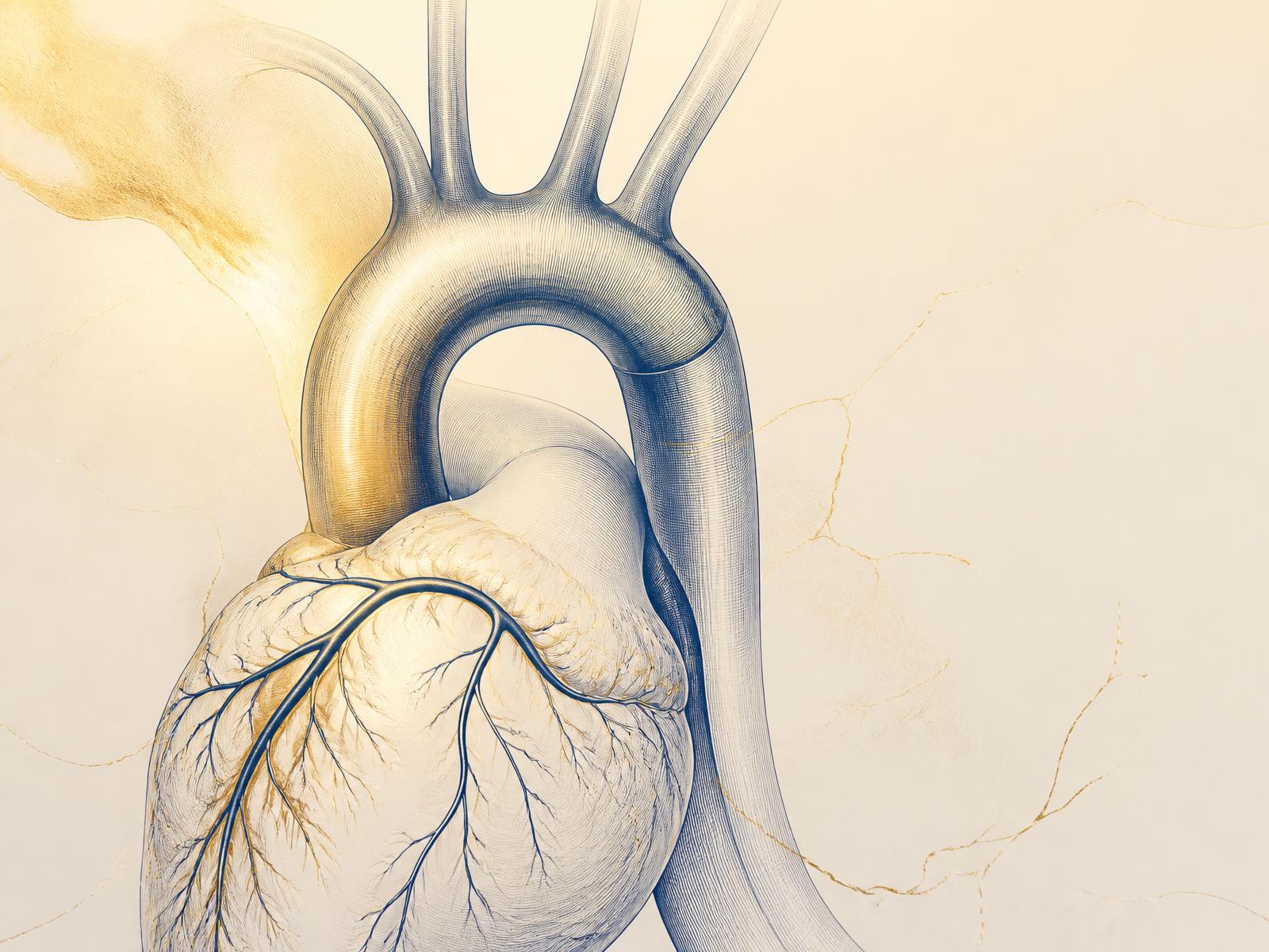 Fine line anatomical illustration of the heart, aortic arch, and coronary arteries